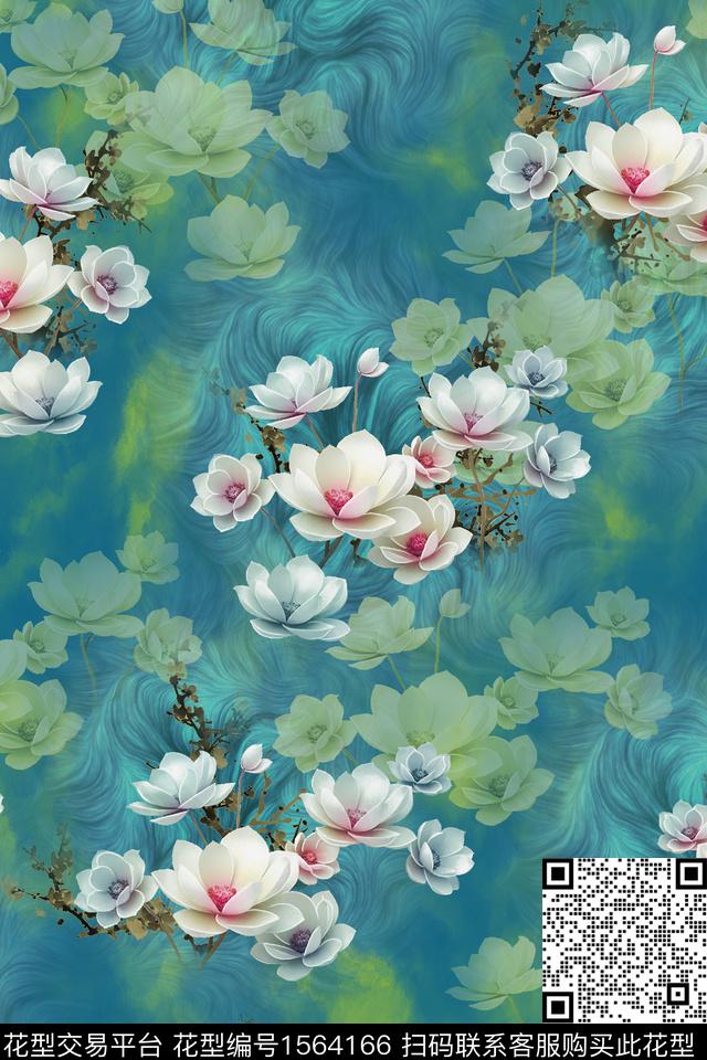 跳接中国风荷花数码印花华亿平台下载（图片编号: 1564166） - 瓦栏（Walan）