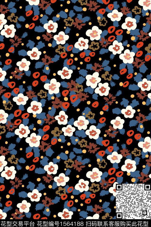 黑底花卉满版散花小碎花数码印花华亿平台下载（图片编号: 1564188） - 瓦栏（Walan）
