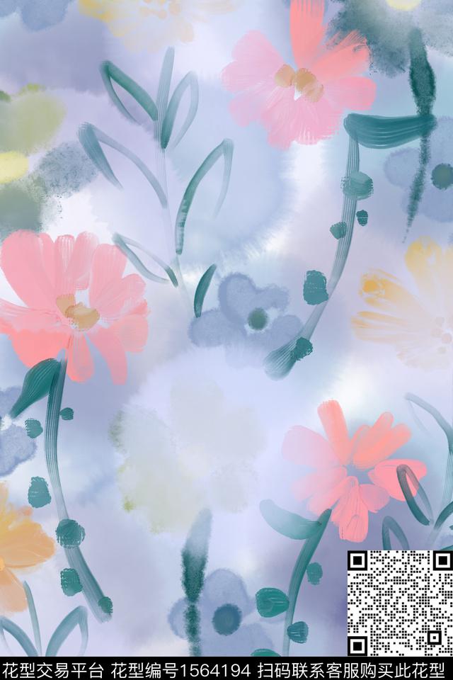 满版散花水彩手绘数码印花华亿平台下载（图片编号: 1564194） - 瓦栏（Walan）