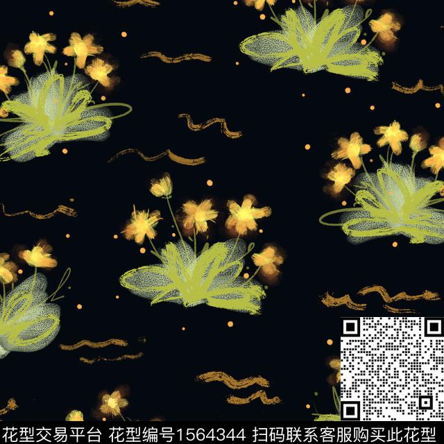 花卉黑底花卉笔触数码印花华亿平台下载（图片编号: 1564344） - 瓦栏（Walan）