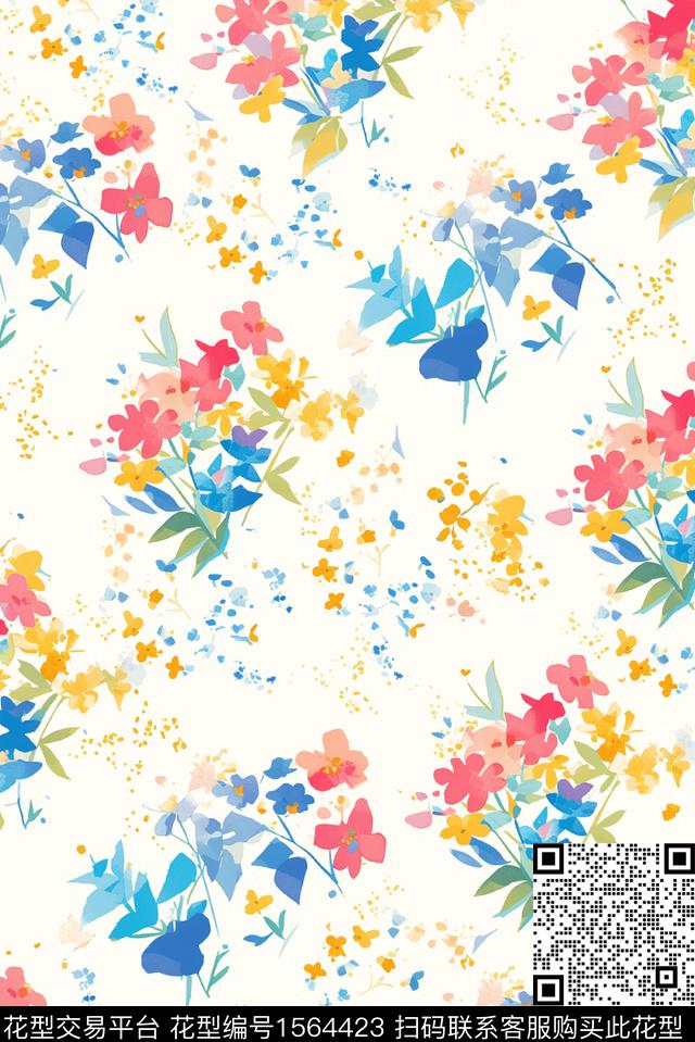 水彩花卉水彩清爽数码印花华亿平台下载（图片编号: 1564423） - 瓦栏（Walan）