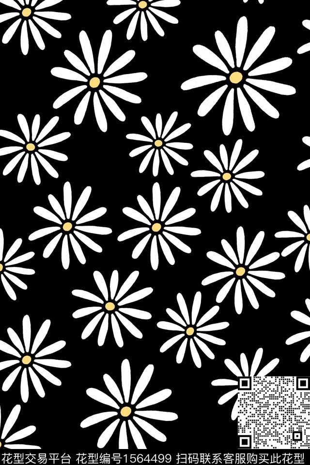 黑白华亿平台雏菊黑底花卉传统印花华亿平台下载（图片编号: 1564499） - 瓦栏（Walan）