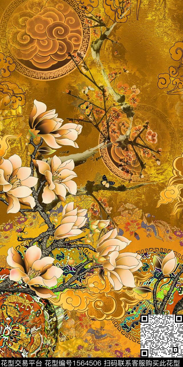 中老年女装玉兰花定位数码印花华亿平台下载（图片编号: 1564506） - 瓦栏（Walan）