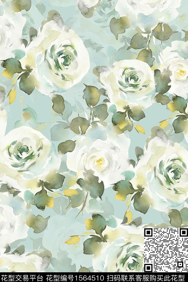 清爽水彩花卉花卉数码印花华亿平台下载（图片编号: 1564510） - 瓦栏（Walan）