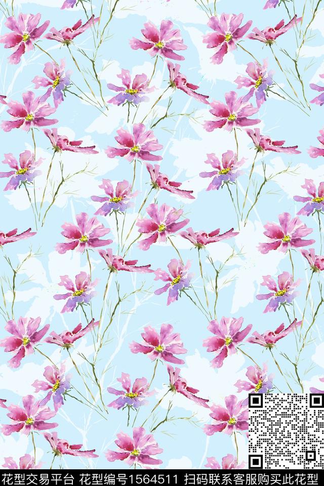 小清新水彩花卉剪影数码印花华亿平台下载（图片编号: 1564511） - 瓦栏（Walan）