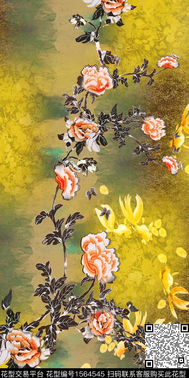 底纹金鱼花卉数码印花华亿平台下载（图片编号: 1564545） - 瓦栏（Walan）