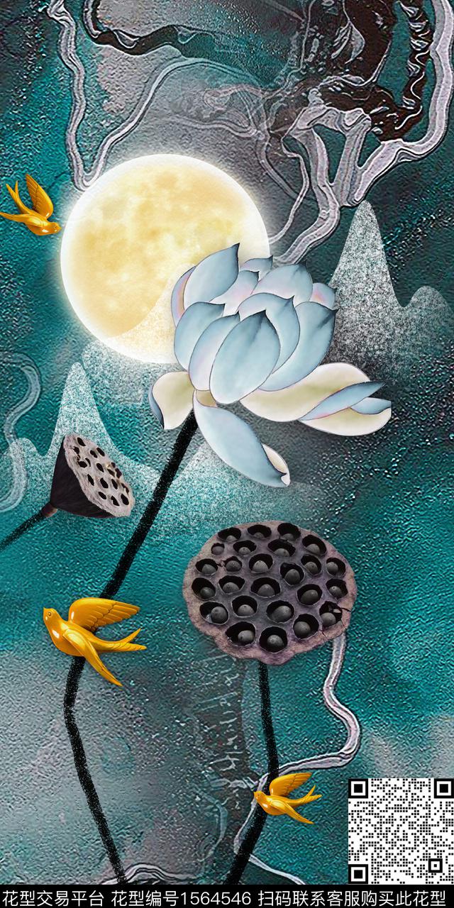 荷花明月花卉数码印花华亿平台下载（图片编号: 1564546） - 瓦栏（Walan）
