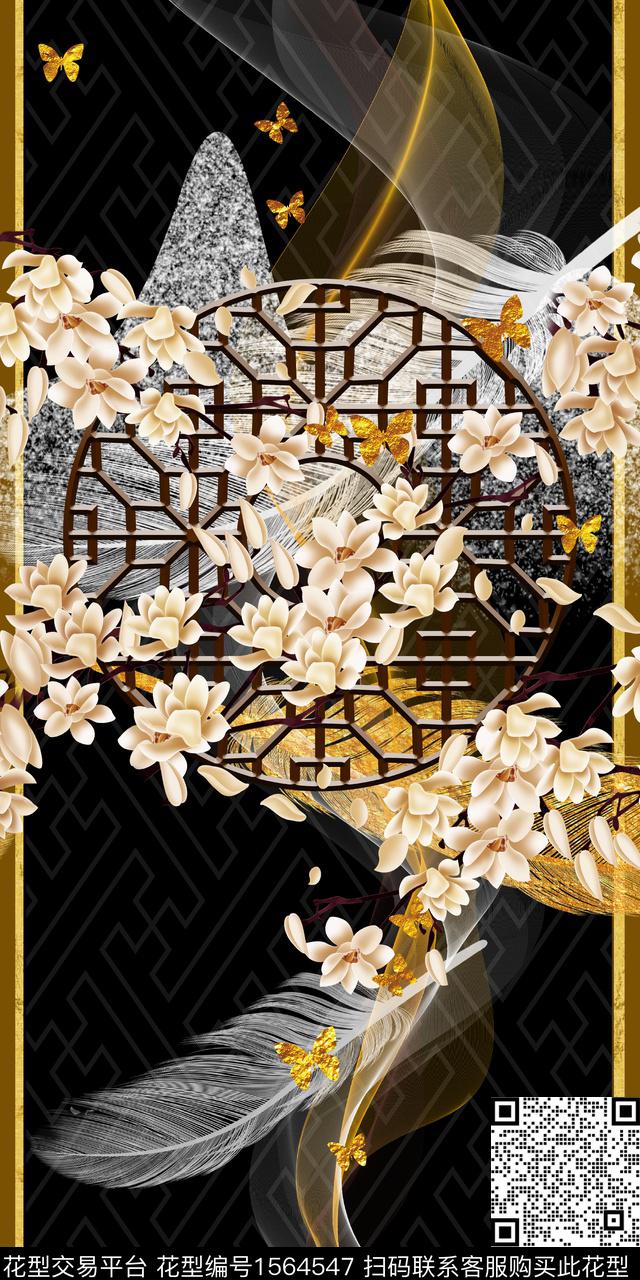 玉兰花蝴蝶花卉数码印花华亿平台下载（图片编号: 1564547） - 瓦栏（Walan）