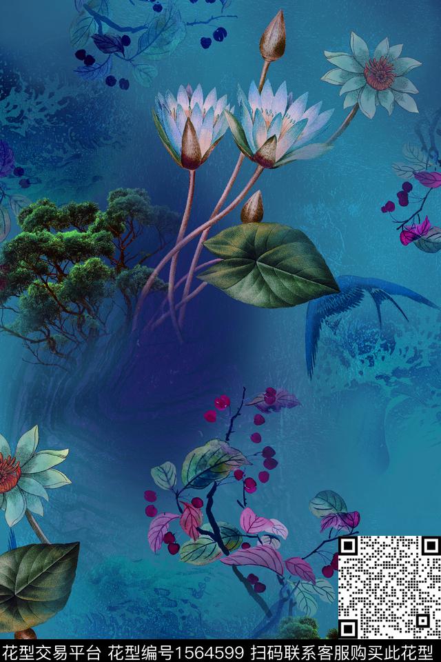 国画荷花底纹数码印花华亿平台下载（图片编号: 1564599） - 瓦栏（Walan）