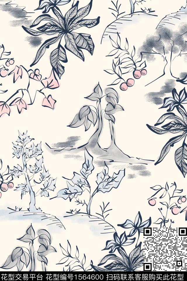 花卉风景景观水彩数码印花华亿平台下载（图片编号: 1564600） - 瓦栏（Walan）