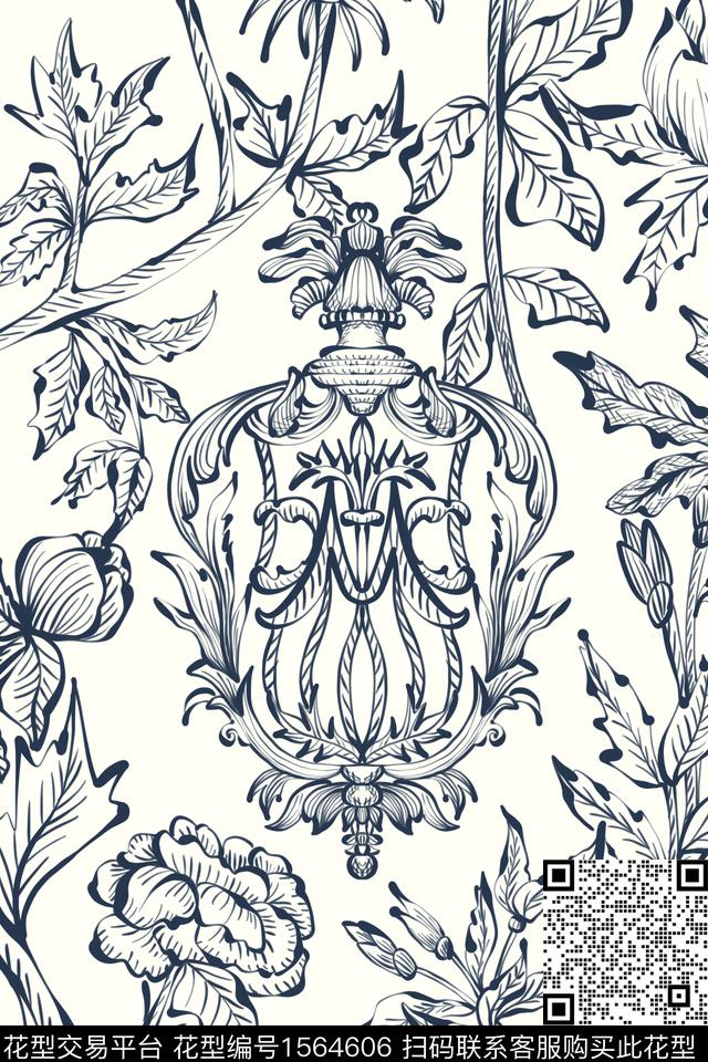 清爽底花卉线条花卉数码印花华亿平台下载（图片编号: 1564606） - 瓦栏（Walan）
