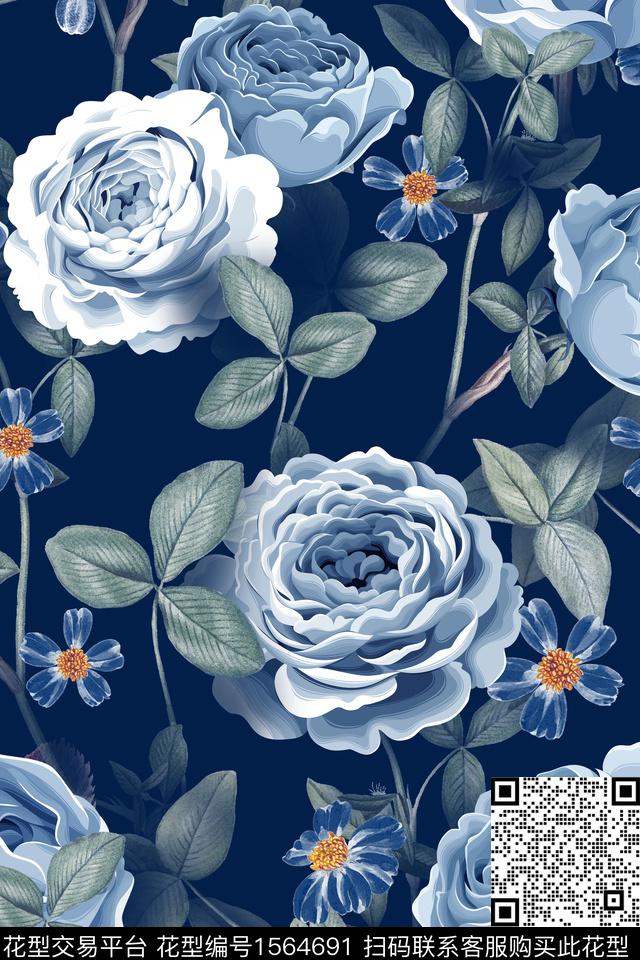 大花花卉深色底华亿平台数码印花华亿平台下载（图片编号: 1564691） - 瓦栏（Walan）
