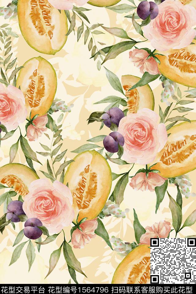 水果哈密瓜剪影数码印花华亿平台下载（图片编号: 1564796） - 瓦栏（Walan）