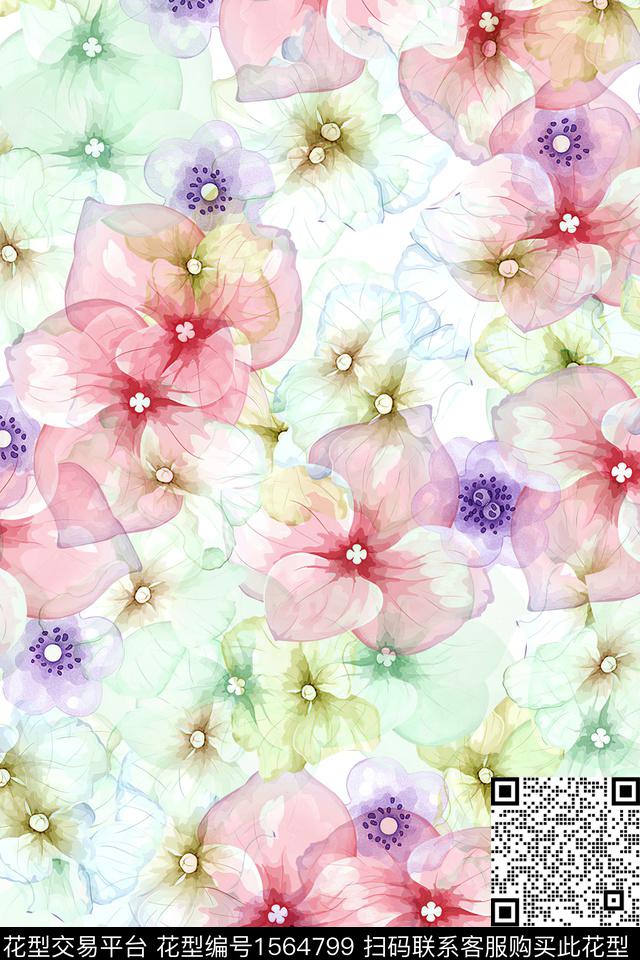 水彩花卉满版散花叠加数码印花华亿平台下载（图片编号: 1564799） - 瓦栏（Walan）