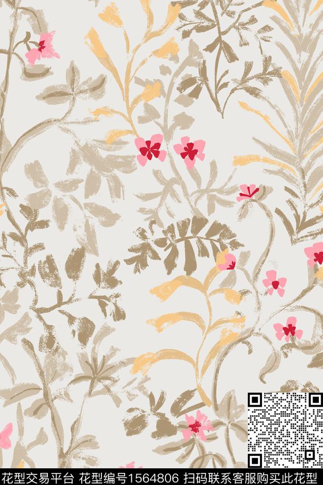 花卉笔触素描数码印花华亿平台下载（图片编号: 1564806） - 瓦栏（Walan）