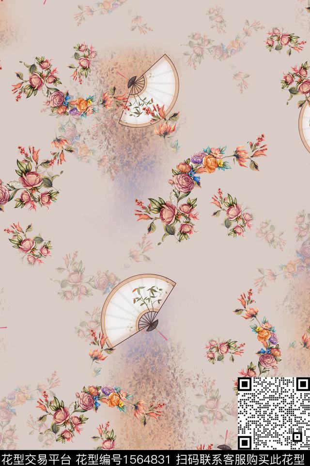 小花扇子花卉数码印花华亿平台下载（图片编号: 1564831） - 瓦栏（Walan）