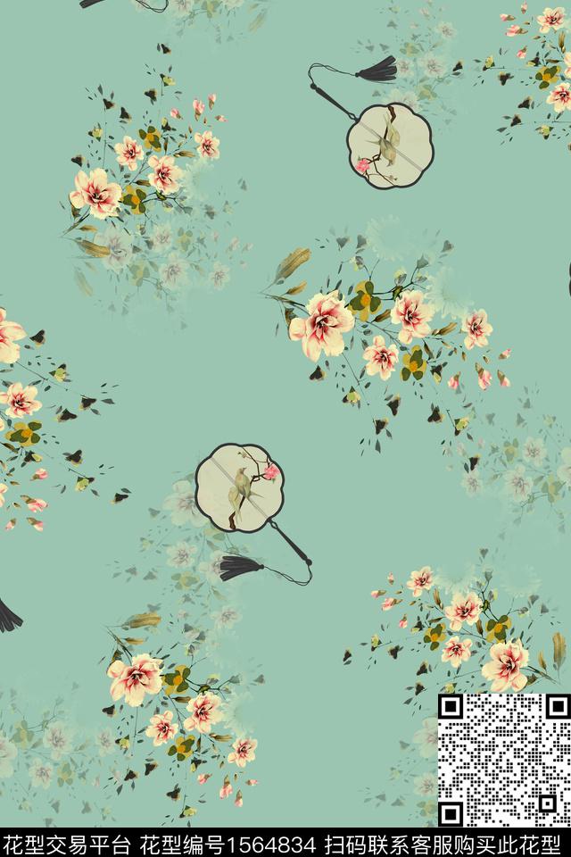 小花影花团扇数码印花华亿平台下载（图片编号: 1564834） - 瓦栏（Walan）