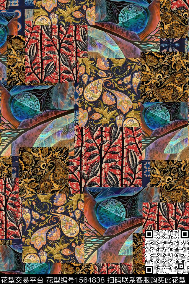 民族风拼接叶子数码印花华亿平台下载（图片编号: 1564838） - 瓦栏（Walan）