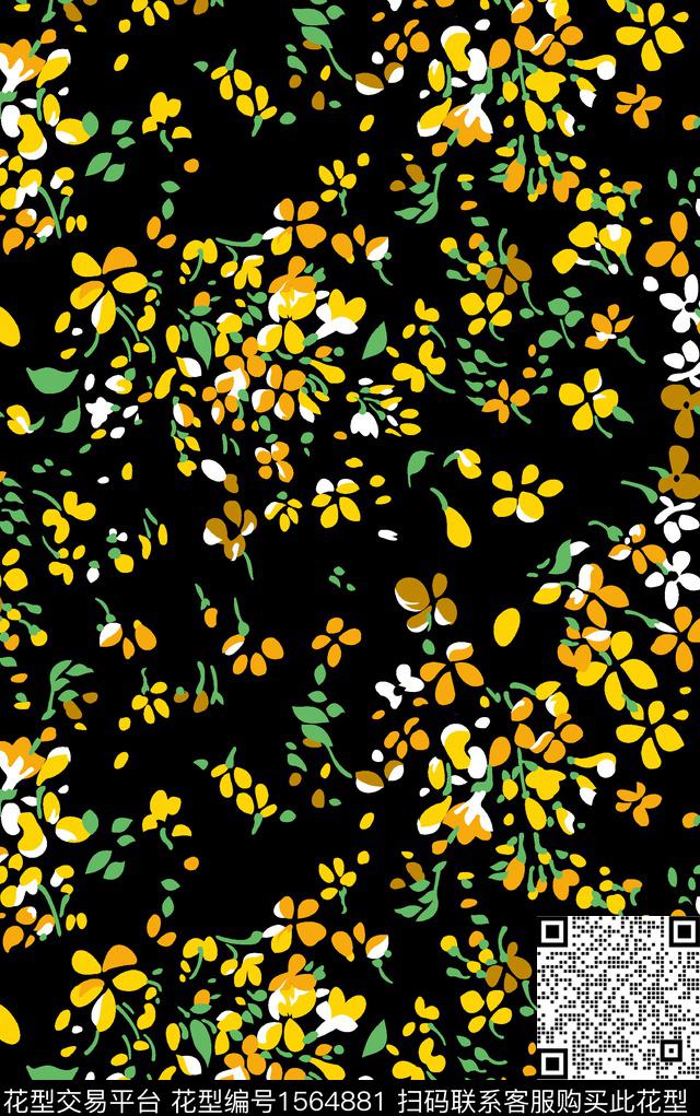 黑底花卉花卉小碎花数码印花华亿平台下载（图片编号: 1564881） - 瓦栏（Walan）