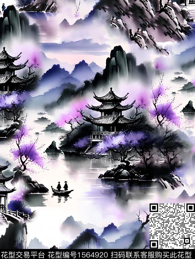水墨风水彩山水数码印花华亿平台下载（图片编号: 1564920） - 瓦栏（Walan）