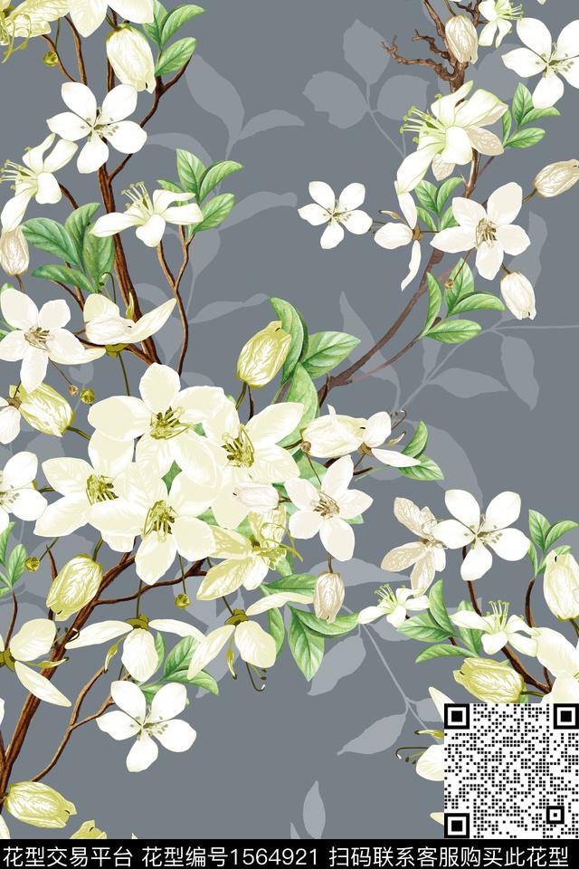 枝条花剪影花卉数码印花华亿平台下载（图片编号: 1564921） - 瓦栏（Walan）