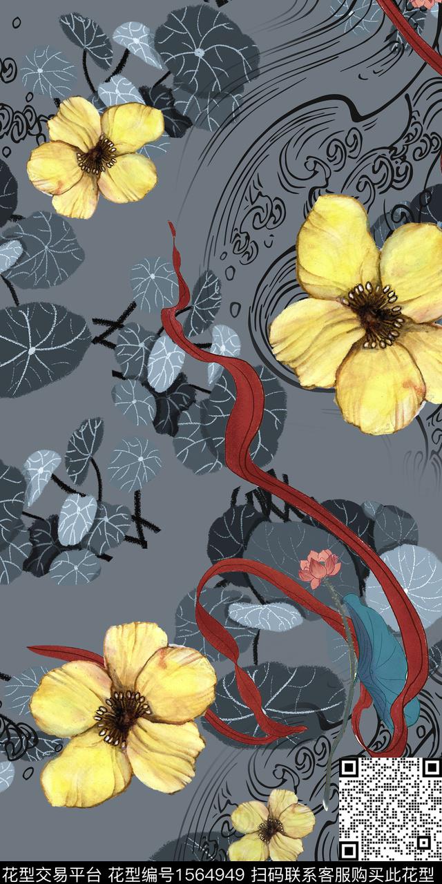 水彩花卉花卉荷叶数码印花华亿平台下载（图片编号: 1564949） - 瓦栏（Walan）