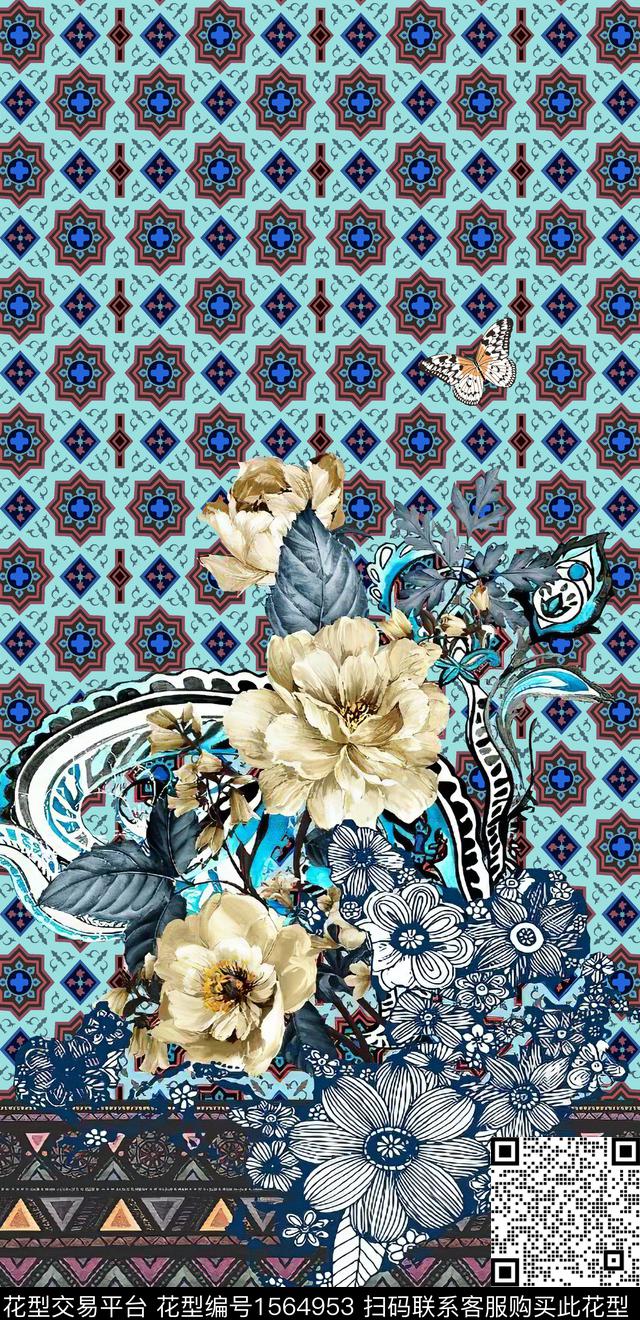 民族风花卉定位花数码印花华亿平台下载（图片编号: 1564953） - 瓦栏（Walan）