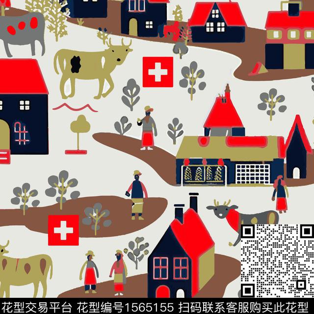 房屋人物牛数码印花华亿平台下载（图片编号: 1565155） - 瓦栏（Walan）