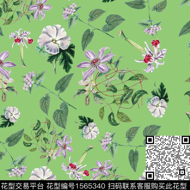 花卉植物清爽底花卉数码印花华亿平台下载（图片编号: 1565340） - 瓦栏（Walan）