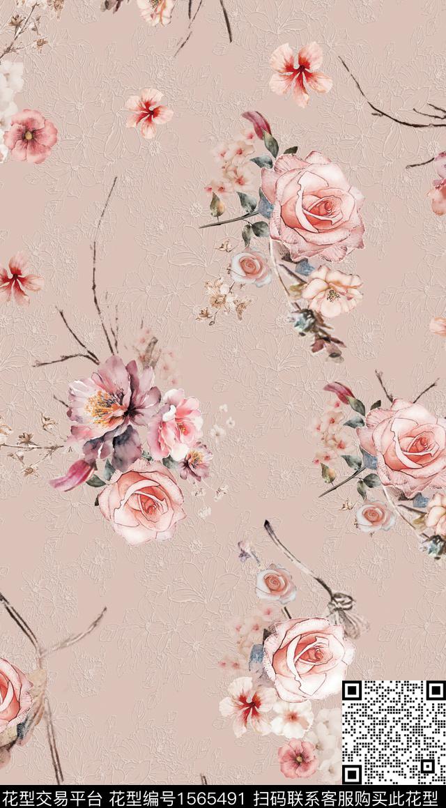 水彩花卉浮雕花卉数码印花华亿平台下载（图片编号: 1565491） - 瓦栏（Walan）