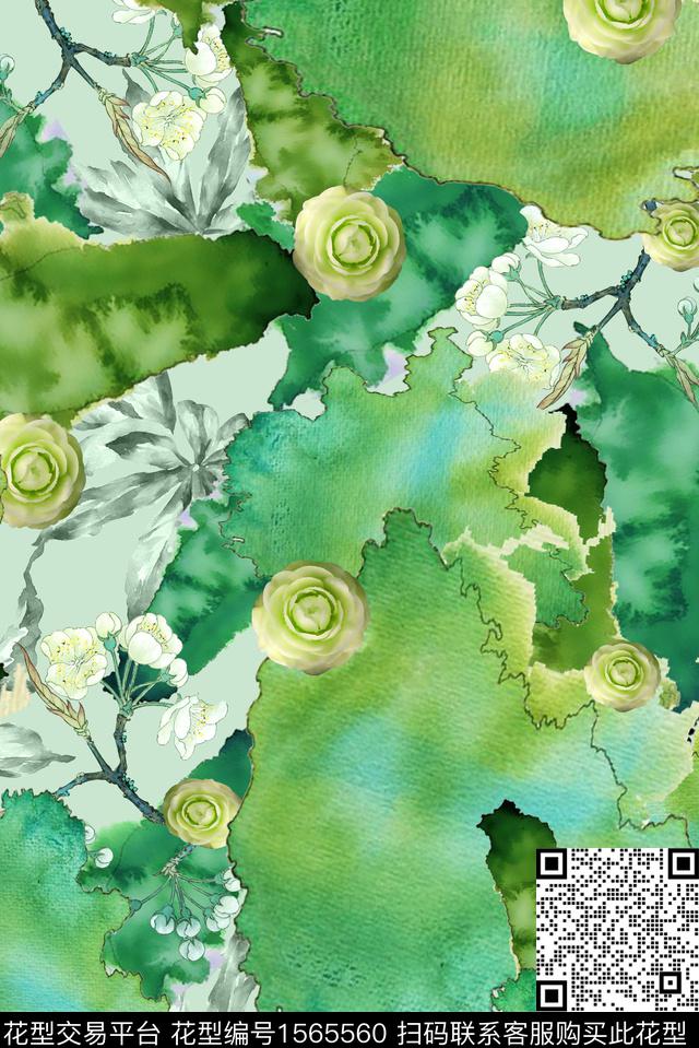 抽象水彩花卉数码印花华亿平台下载（图片编号: 1565560） - 瓦栏（Walan）