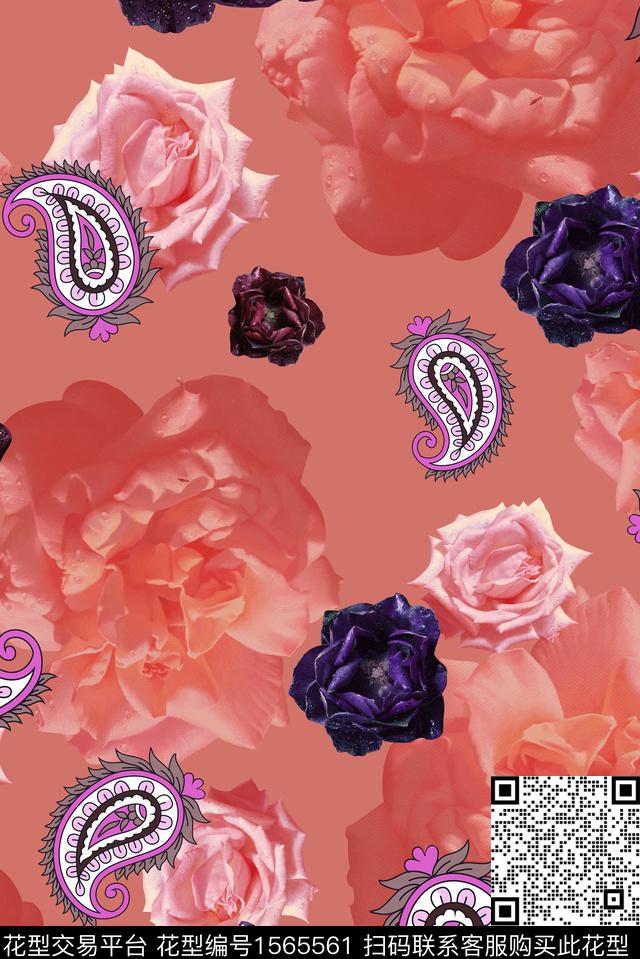 玫瑰花大花佩斯利数码印花华亿平台下载（图片编号: 1565561） - 瓦栏（Walan）