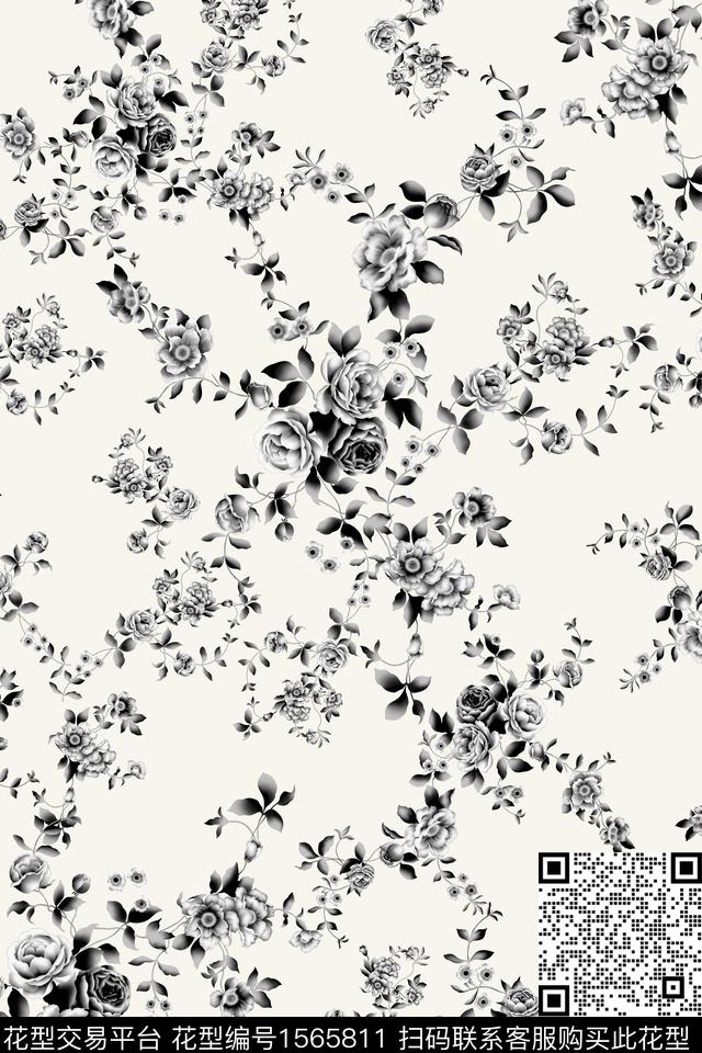 数码华亿平台黑白华亿平台花卉数码印花华亿平台下载（图片编号: 1565811） - 瓦栏（Walan）