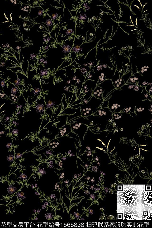 黑底花卉小碎花花卉数码印花华亿平台下载（图片编号: 1565838） - 瓦栏（Walan）