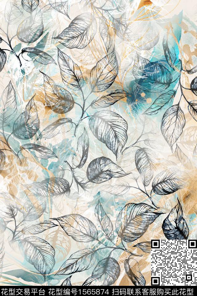 叶子底纹叠加数码印花华亿平台下载（图片编号: 1565874） - 瓦栏（Walan）