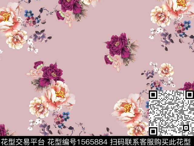 中国风花卉清爽底花卉数码印花华亿平台下载（图片编号: 1565884） - 瓦栏（Walan）