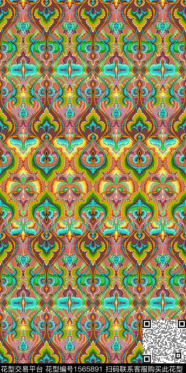 民族风对称中东数码印花华亿平台下载（图片编号: 1565891） - 瓦栏（Walan）