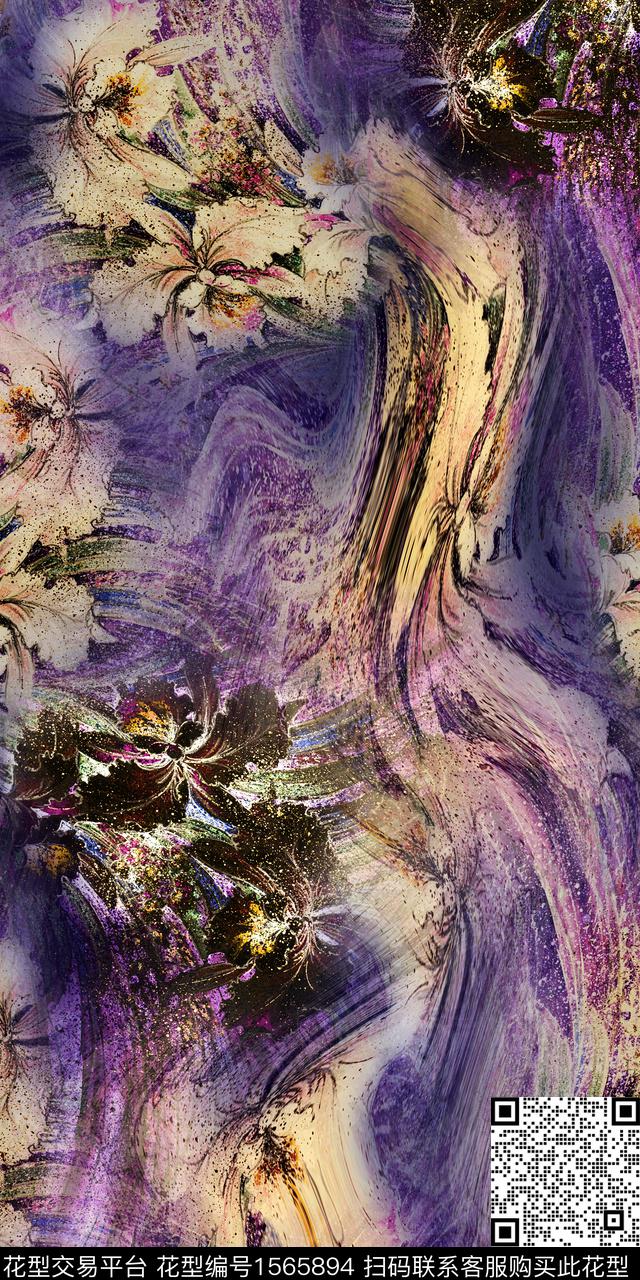花卉抽象香云纱数码印花华亿平台下载（图片编号: 1565894） - 瓦栏（Walan）