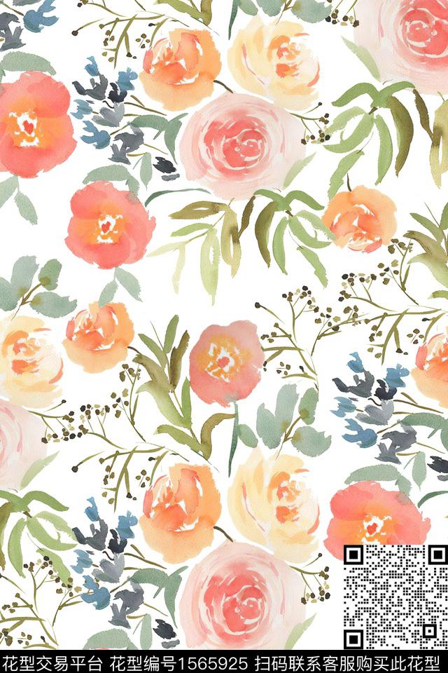水彩花卉满版散花花卉数码印花华亿平台下载（图片编号: 1565925） - 瓦栏（Walan）