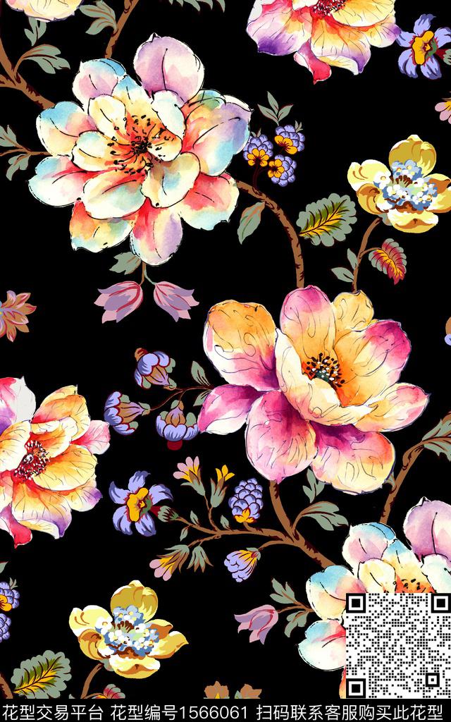 花卉黑底花卉手绘大花数码印花华亿平台下载（图片编号: 1566061） - 瓦栏（Walan）