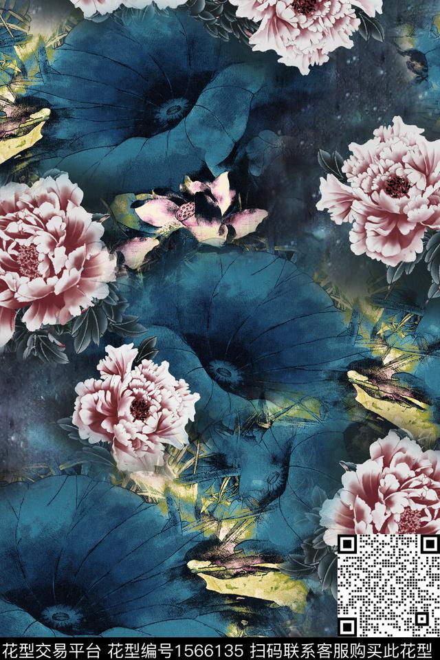 荷叶花卉牡丹数码印花华亿平台下载（图片编号: 1566135） - 瓦栏（Walan）