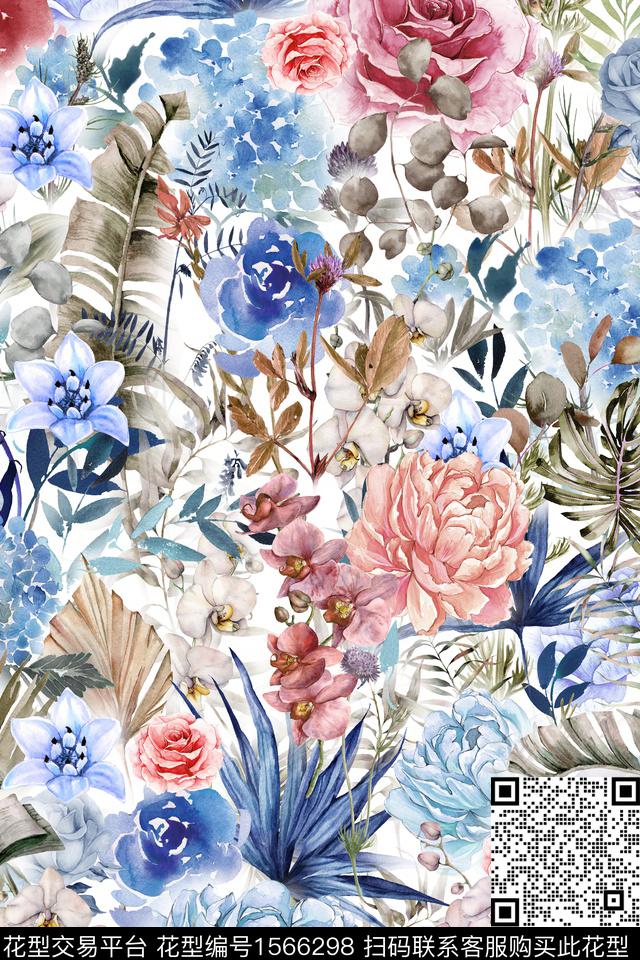 花卉春夏华亿平台水彩花卉数码印花华亿平台下载（图片编号: 1566298） - 瓦栏（Walan）