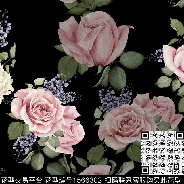 黑底花卉水彩花卉影花数码印花华亿平台下载（图片编号: 1566302） - 瓦栏（Walan）