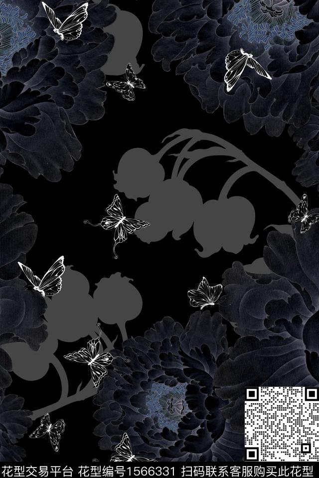 大花跳接蝴蝶数码印花华亿平台下载（图片编号: 1566331） - 瓦栏（Walan）