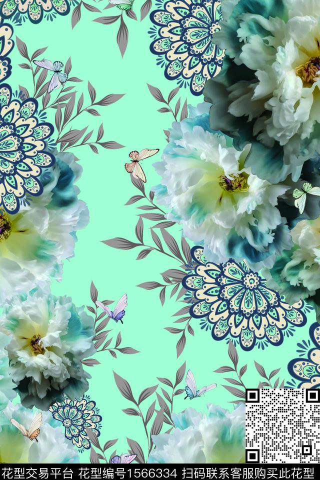 花卉大花蝴蝶数码印花华亿平台下载（图片编号: 1566334） - 瓦栏（Walan）