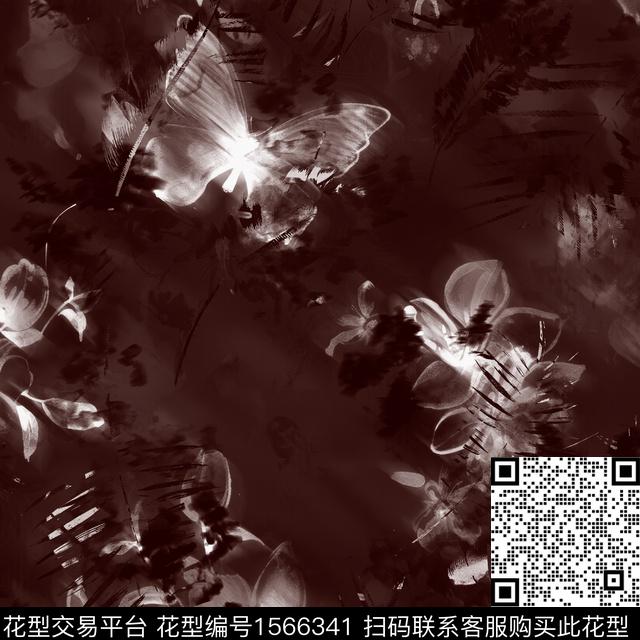 花卉蝴蝶水墨风数码印花华亿平台下载（图片编号: 1566341） - 瓦栏（Walan）