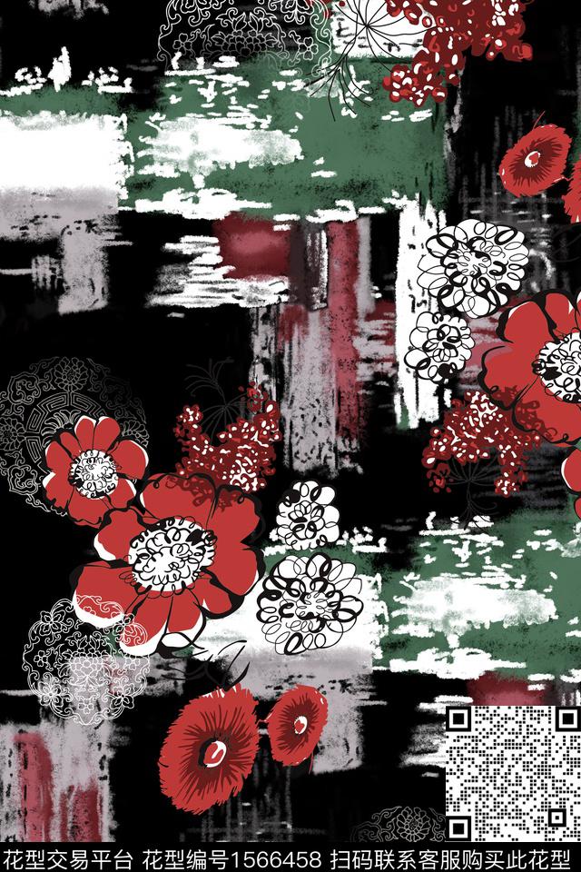 花卉笔触中老年女装数码印花华亿平台下载（图片编号: 1566458） - 瓦栏（Walan）