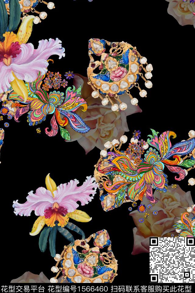 黑底花卉花卉首饰数码印花华亿平台下载（图片编号: 1566460） - 瓦栏（Walan）
