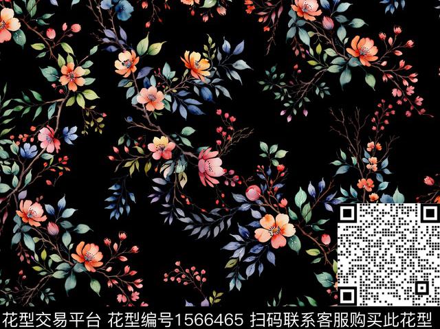 花卉满版散花绘画数码印花华亿平台下载（图片编号: 1566465） - 瓦栏（Walan）