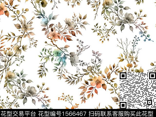 花卉满版散花绘画数码印花华亿平台下载（图片编号: 1566467） - 瓦栏（Walan）